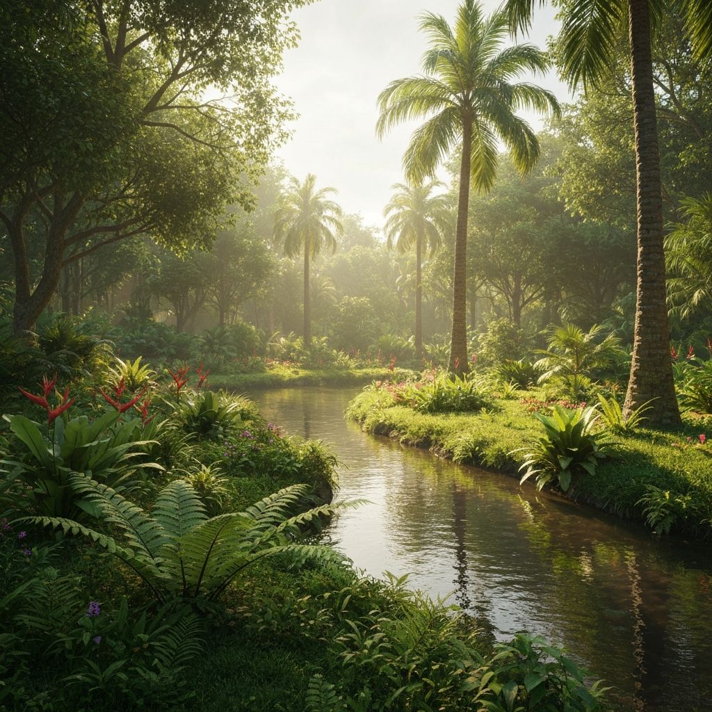 Taman tropis yang asri dengan tanaman hijau lebat dan air mengalir