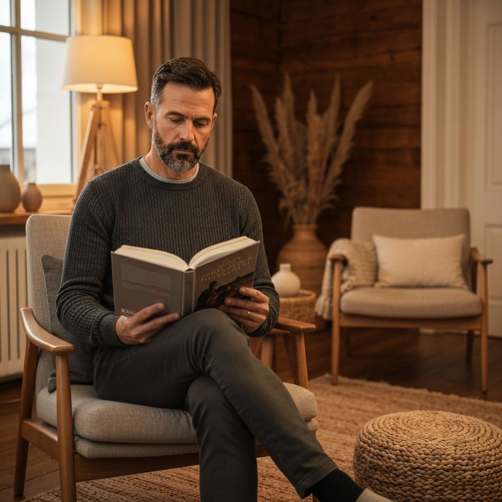 Pria paruh baya membaca buku di suasana rumah yang nyaman dengan cahaya hangat