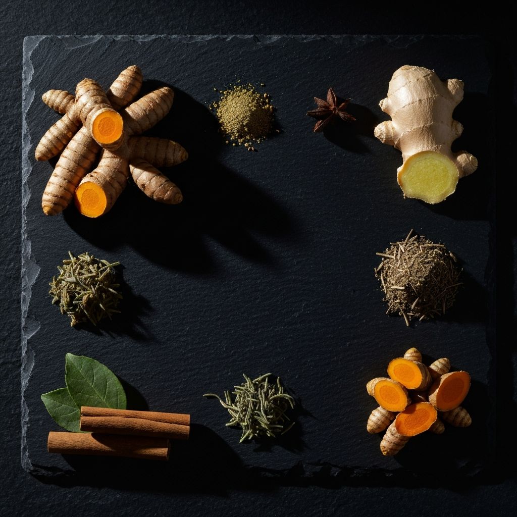 Susunan akar dan rempah alami di atas permukaan batu gelap