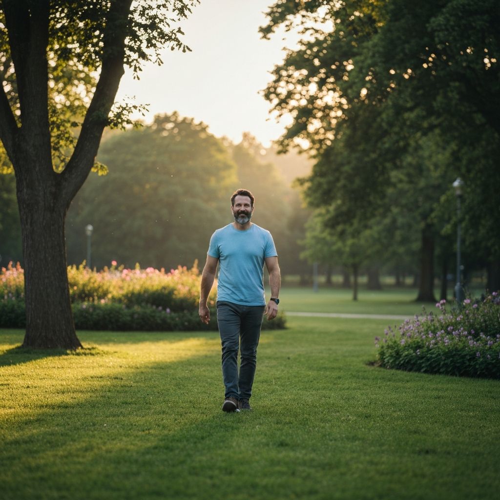 Pria paruh baya berjalan santai di taman hijau di pagi hari